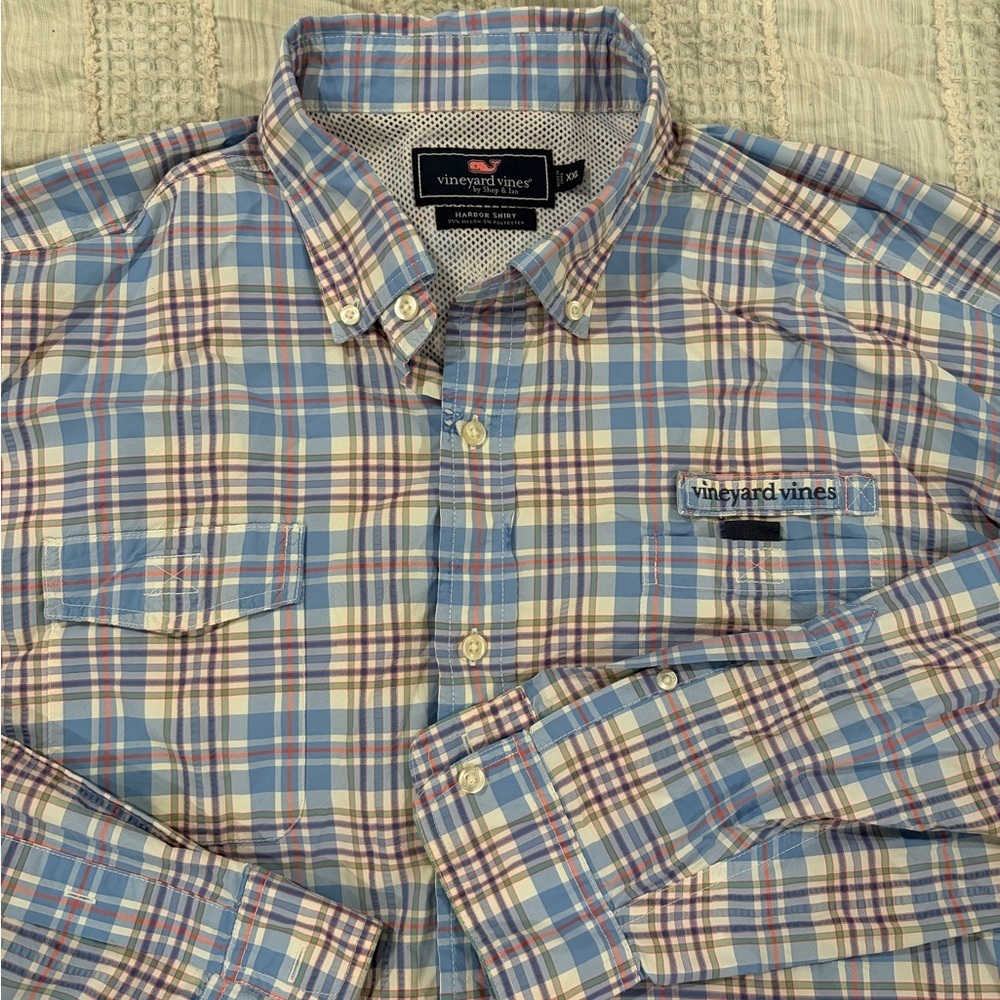 Vineyard Vines Harbor‎ Shirt Men's XXL Blue Plaid Fishing Vented Long Sleeve